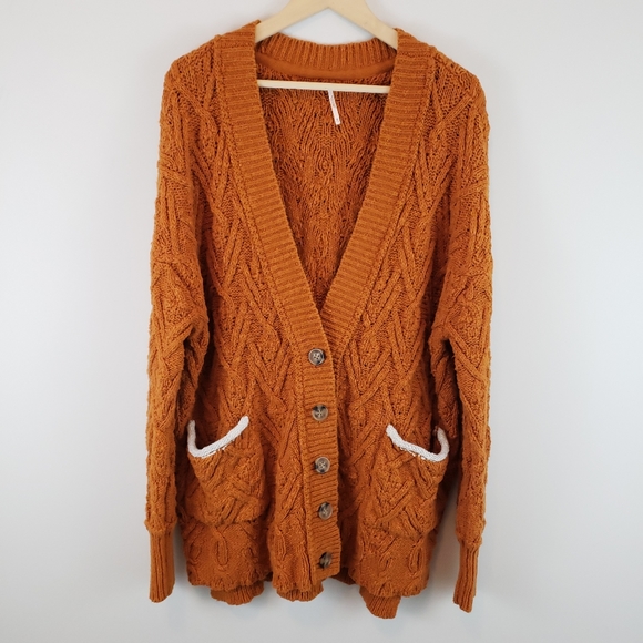 Free People Women's Montana Cable Knit Cardigan In Burnt Orange - Picture 2 of 9